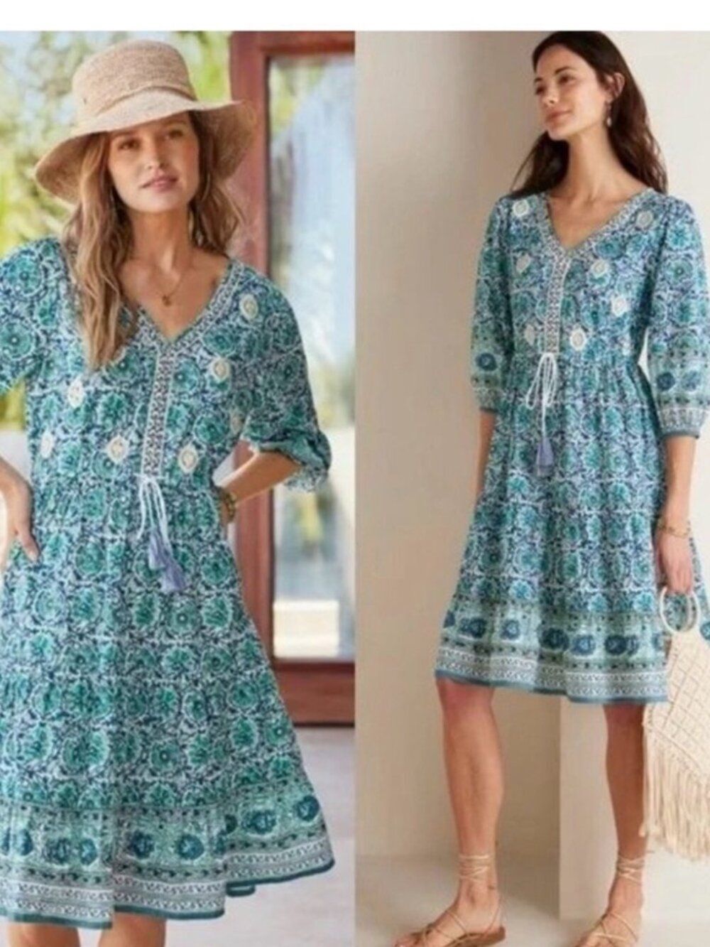 Medium Soft Surroundings Nerissa Teal Blue Printed Boho Mini Tassle Dress Cotton